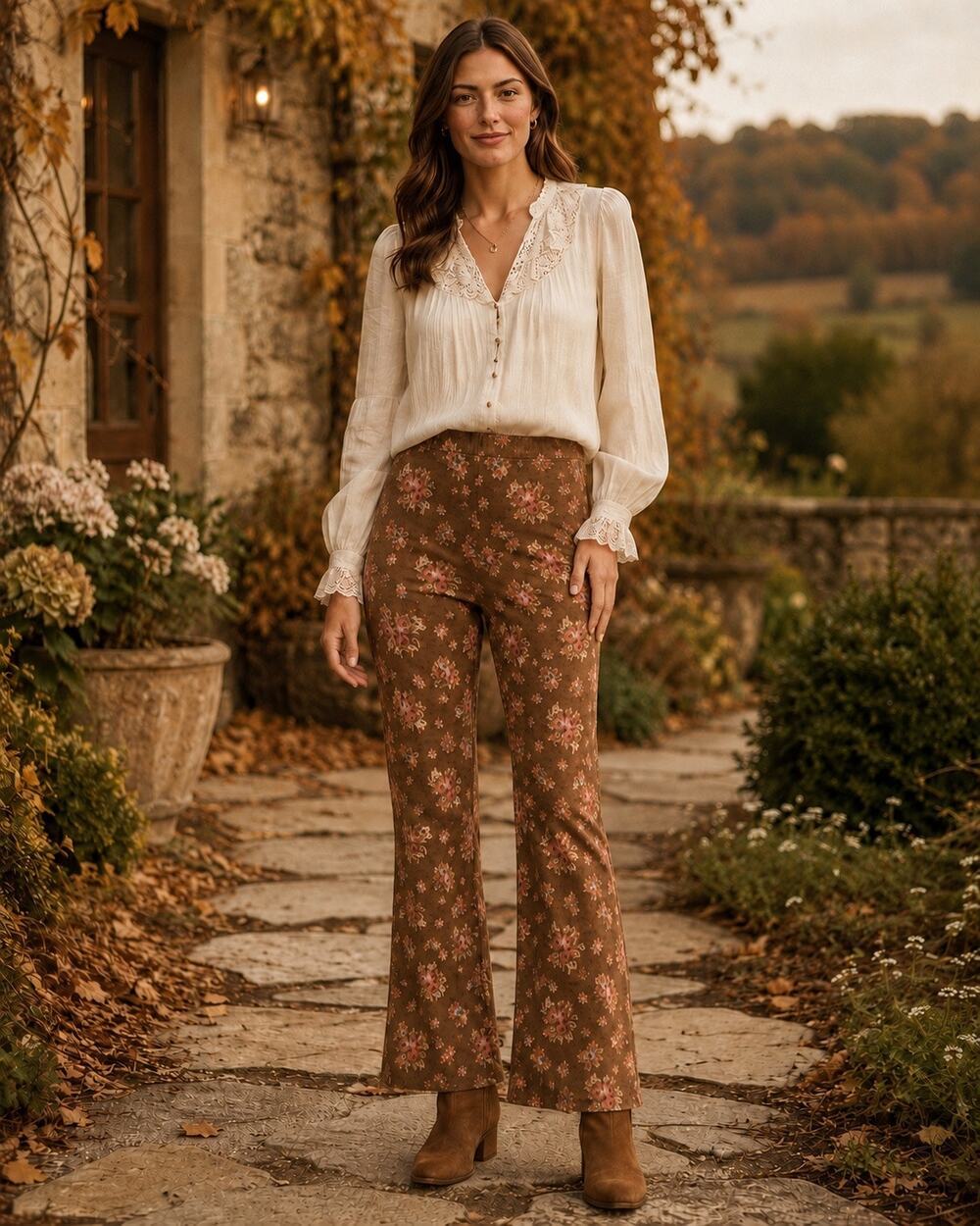 Tuckernuck Hazel Bouquet Corduroy Ashford Pants Floral Brown Preppy Boho M NWT